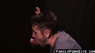 FamilyPornSite.com - Twink's hot glory hole blowjob skills with daddy's cumshot
