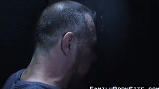 FamilyPornSite.com - Twink's hot glory hole blowjob skills with daddy's cumshot
