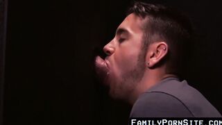 FamilyPornSite.com - Twink's hot glory hole blowjob skills with daddy's cumshot