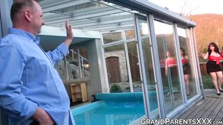 Young brunette babes riding big fat mature grandpa cock