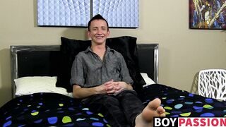 Charming young man interviewed before dildoing his ass