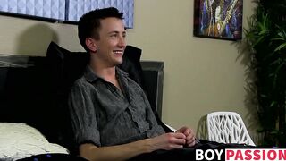 Charming young man interviewed before dildoing his ass