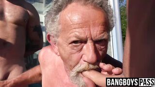 Threesome with gay horny grandpa and two younger studs