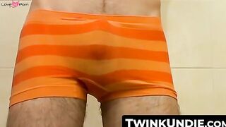 TwinkUndie.com - Horny Jake's wet and hard orange undies solo jerk off