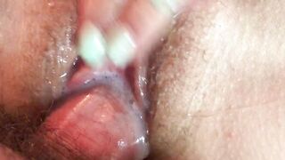 Cum filled unshaved twat squeezes inside orgasm