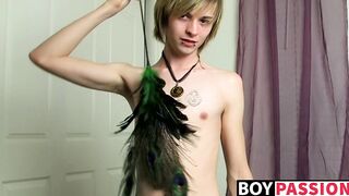 Twink Miles Pride uses dildo while masturbating solo