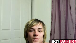 Twink Miles Pride uses dildo while masturbating solo