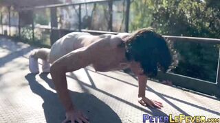 Handsome Asian American jock Jay Wu works out and tugs his erect cock