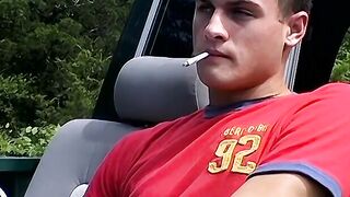 Hardcore chainsmoking and cock jerking by horny Devon and two other bad studs