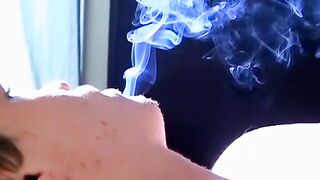 Tattooed Holden pullout cock and shoots load on his chest while blowing smoke