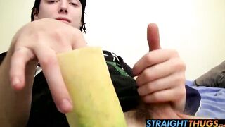 Straight tattooed thug playing with his big cock and a fruit