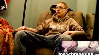 JoeSchmoeXXX.com - Nerdy looking amateur dude with glasses strips and jerks off his c