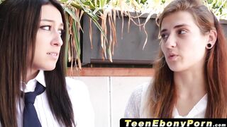 TeenEbonyPorn.com - Adorable black teenie Chanell Heart sucks on white boner