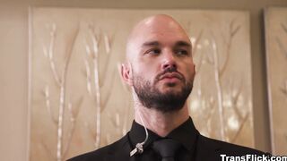 Dutiful bodyguard sex with two hot trans