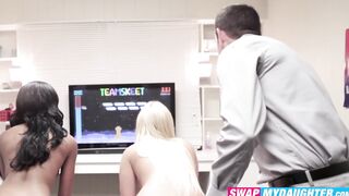 Two stepfathers bring cock to the table while me and ebony babe Lala Ivey are playing