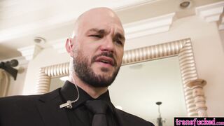 Bodyguard fucked two horny shemales