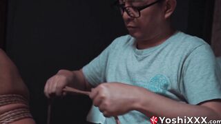 Shibari master Encho binds up Yo ichi in coils and knots of firm rope