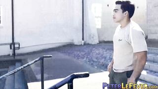 Asian American Sunny D tugs his uncut cock while doing an interview solo