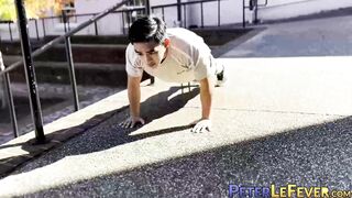 Asian American Sunny D tugs his uncut cock while doing an interview solo