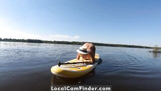 Blonde MILF Plays with Dildo and Gives Blowjob on a SUP Board