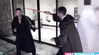 Sword fighting with blonde Chloe Temple and our stepdads turned into cock sucking and