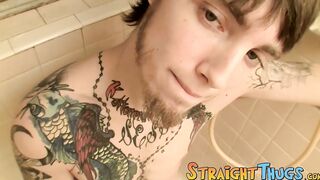 Tattoed straight thug Blinx unloads his balls in the shower