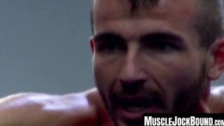 MuscleJockBound.com - Inked hunk choked and dominated in a rough BDSM match, defeated