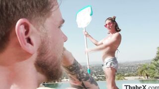 Rich dude distracted by TS pool cleaner and bang her