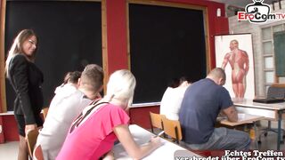 German vulgar professor with huge breasts seduces students