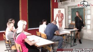 German vulgar professor with huge breasts seduces students