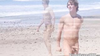 Brunette Justin Owen jerked his big cock at the beach