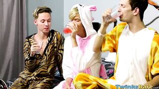 Onesie sleepover party turns to wild threesome fucking