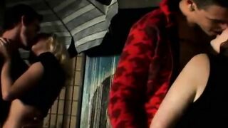 Straight dudes pounding young slutty babes in foursome