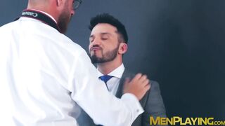 Bearded hunk Kike Gil sucks rock hard cock from classy hunk