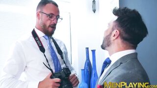 Bearded hunk Kike Gil sucks rock hard cock from classy hunk