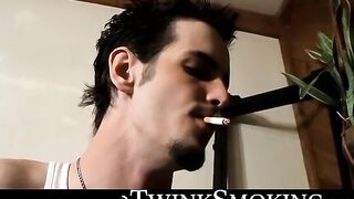 Straight rocker Axel plays his guitar and his throbbing cock with his pack of cigaret