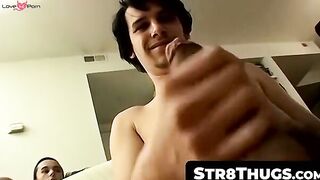 Str8Thugs.com - Three horny dudes meet up for a group cock stroking and cum shot fest