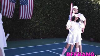 Brunette tennis babes fed jizz POV after hardcore foursome