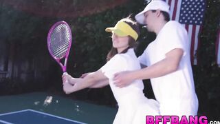Brunette tennis babes fed jizz POV after hardcore foursome