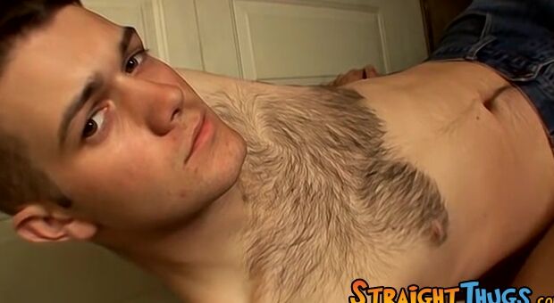 Skinny amateur with hairy chest jerks off on camera solo