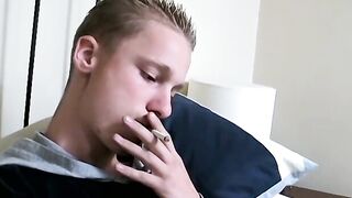 Solo jerking and cum showering while smoking by young Jason