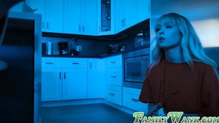 Petite stepsister Lilly Bell sucks and rides her bros dick