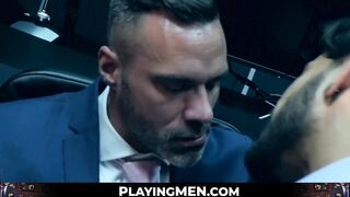 PlayingMen.com - Elegant hunk wears slick blue suit while ramming hot stud deeply and