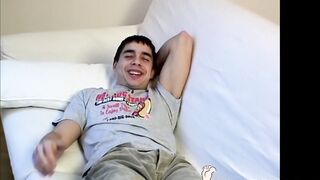 Naughty Skuby splashes his hot cum load in his chest after a sexy foot show