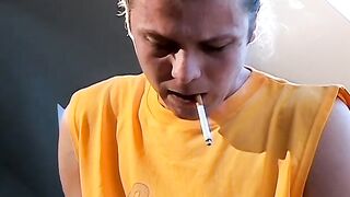 Smoking and uncut cock  stroking by young Stone Solo session
