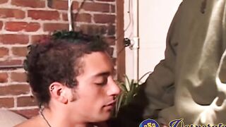 Attractive white hunk Cory Woodall blows horny tan jockâs huge dick at work