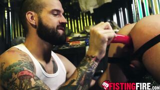 Handsome fuckers shove a massive dildo to chain up Cazden Hunter