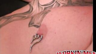 Bald stud with nipple piercings strokes his hard fat dick