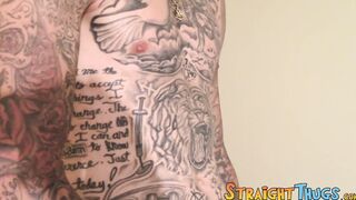 Slim inked guy Lil Red needs to shoot his cum loads out of his balls