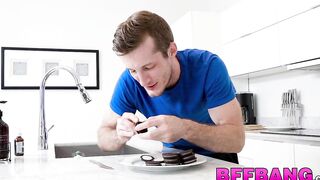 BFFs give their roommate triple blowjob before riding him